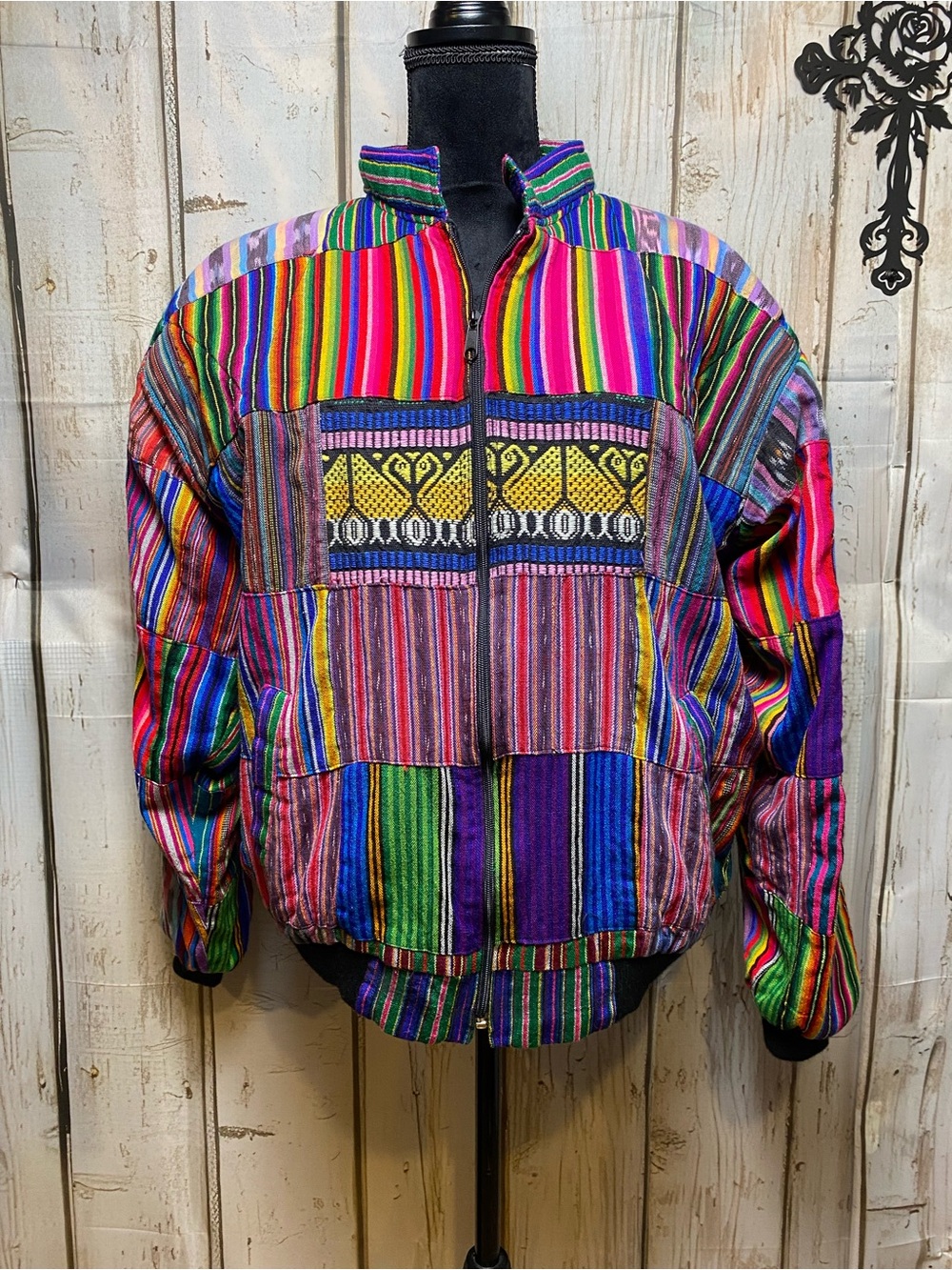 Men's Multicolor Striped Bomber Jacket - Vibrant Patchwork Sz-XL